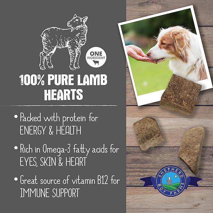 Shepherd Boy Farms Freeze Dried Dog and Cat Treats, Lamb Heart, All Natural Single Ingredient Freeze-Dried Dog Treat & Snacks, Made in USA, High Protein, Essential Nutrition of Raw Food, 3oz