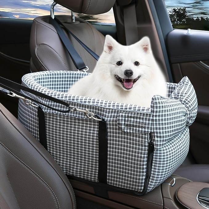 Center Console Dog Car Seat Dog Bed for Car Console Portable Armrest Booster Seat Carrier for Small Medium Dogs Anti-Collapse for Puppy Pet Up to 15 Lbs（Grid Black）