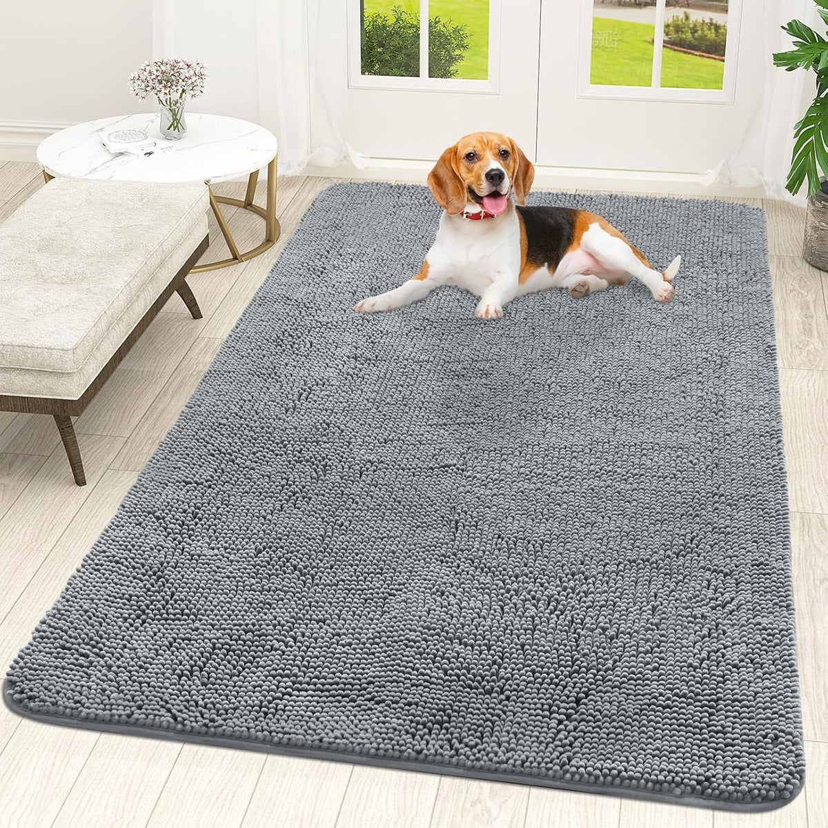 OLANLY Dog Door Mat for Muddy Paws 59x35, Absorbs Moisture and Dirt, Absorbent Non-Slip Washable Doormat, Quick Dry Chenille Mud Mat for Dogs, Entry Indoor Entryway Carpet for Inside Floor, Grey