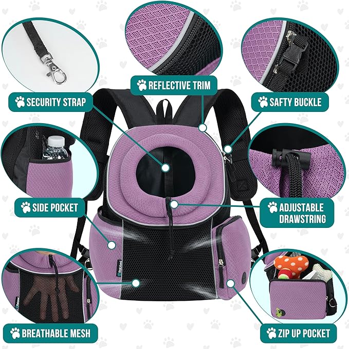 PetAmi Adjustable Cat & Dog Front Chest Carrier Backpack, Ventilated for Hiking & Camping, Max 14 lbs, Purple