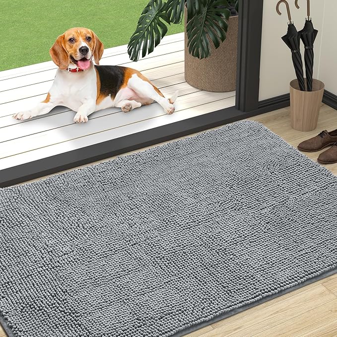 OLANLY Dog Door Mat for Muddy Paws 47x32, Absorbs Moisture and Dirt, Absorbent Non-Slip Washable Doormat, Quick Dry Chenille Mud Mat for Dogs, Entry Indoor Entryway Carpet for Inside Floor, Grey