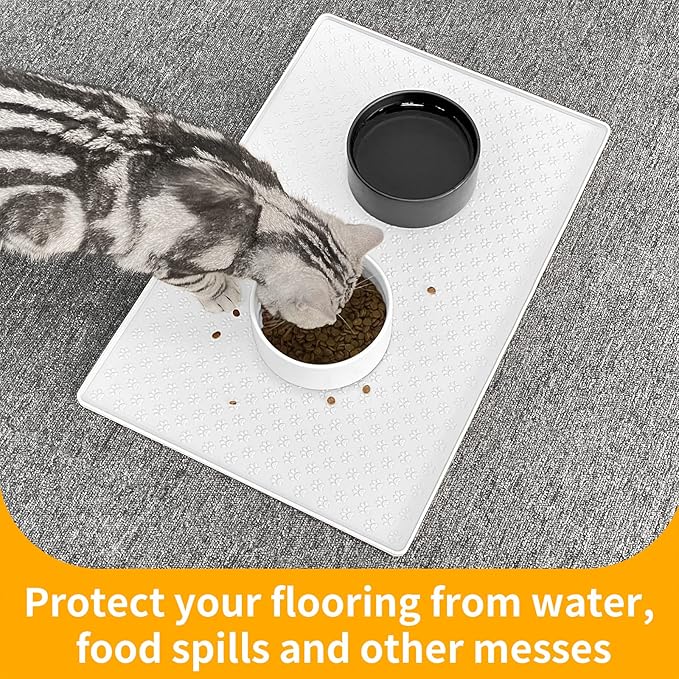 Ptlom Pet Placemat for Dog and Cat, Waterproof Silicone Pet Feeding Bowl Mats for Food and Water, Small Medium Large Dogs Mat Prevent Residues from Spilling to Floor, White, 24.5" 16.5"
