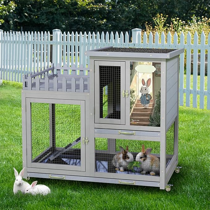 COZIWOW Double Layers Durable 38In Rabbit Hutch Indoor on Wheels, Small Animal Houses Habitat, Rolling Large Bunny Cage Outdoor with Removable Tray, Ramp, Two Story Bunny Cage（Grey with Pattern）