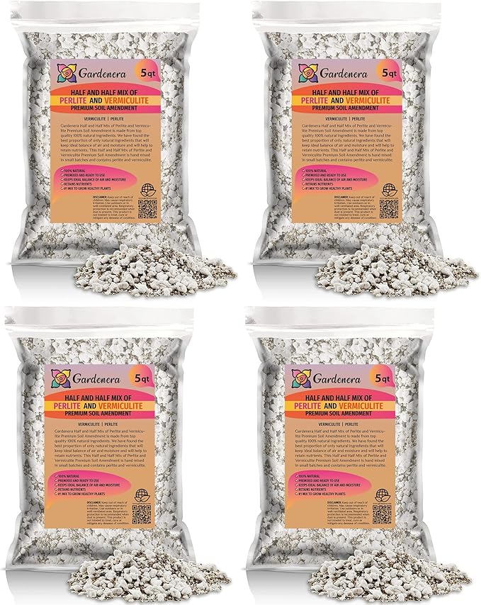 Gardenera Half and Half Mix of Perlite and Vermiculite - 20 Quart - Unlock The Secret to Thriving Plants with a Natural Soil Amendment (4 Bags of 5 Quart)