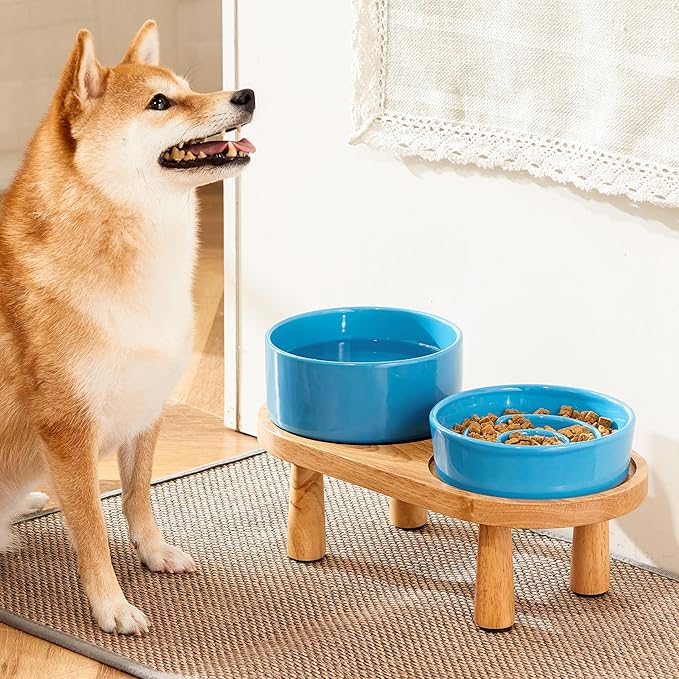 Ceramic Slow Feeder and Water Bowl Set for Small Dogs, Ceramic Dog Bowls Elevated with Wooden Stand, 0.6 Cups Dog Slow Feeder(14oz) and 30oz Water Bowl Set, Blue