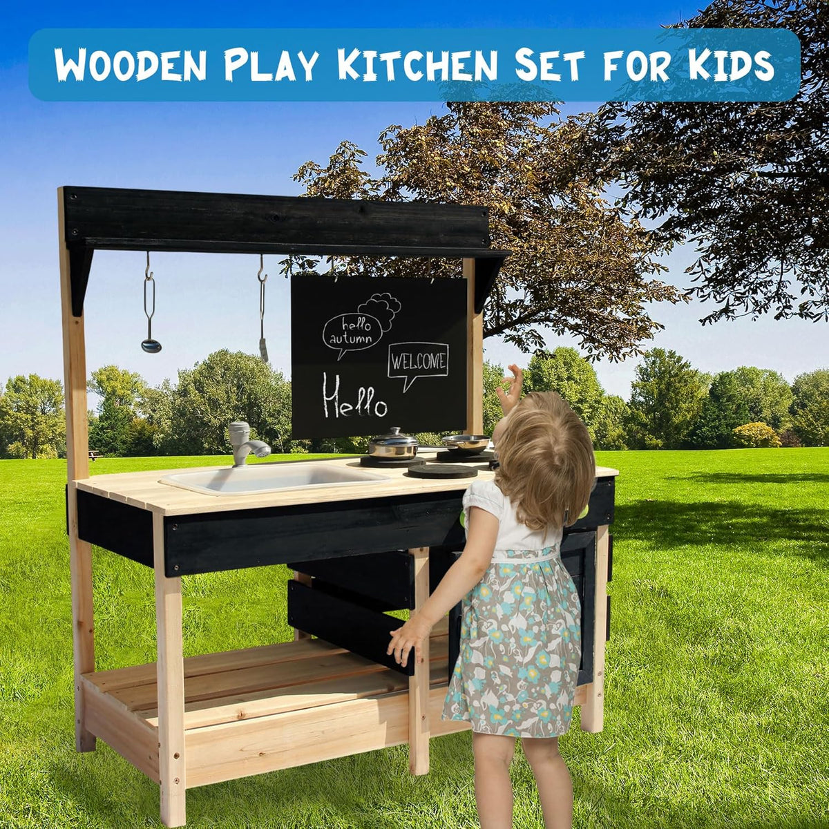 Mud Kitchen Playset for, Outdoor Wooden Toy Play Kitchen Set for Boys and Girls, Kitchen Accessories and Garden Sink with Faucet, Blackboard, Cookware Pot (Black)