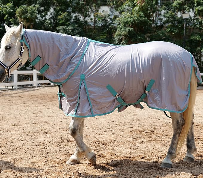 Horse Fly Sheet with Detachable Neck Cover & Belly Wrap, Adjustable Fly Sheet for Horses, Ventilated Airflow Mesh Equine Cooling Summer Flysheet Grey 84