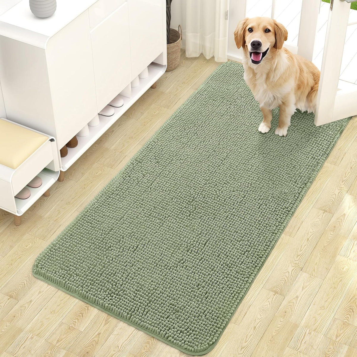 OLANLY Dog Door Mat for Muddy Paws 47x24, Absorbs Moisture and Dirt, Absorbent Non-Slip Washable Doormat, Quick Dry Chenille Mud Mat for Dogs, Entry Indoor Entryway Carpet for Inside Floor, Sage Green