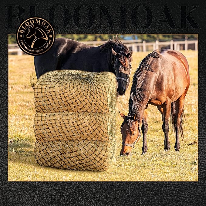 Bloomoak Slow Hay Net Feeder for Horses, Durable Soft Black PE 2/3 String Hay Bales Bags, Fit 36x18x18 to 47x25x17 Inches, Extends 50-64 Inches (3 1.6" Hole/1PC)