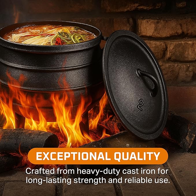 Bruntmor Pre-Seasoned Cast Iron Cauldron - 6 Quart African Potjie Pot with Lid - 3-Legged Dutch Oven for Camping and Over-the-Fire Cooking - Durable Outdoor Cookware for Stews, Chili, and Slow Cooking