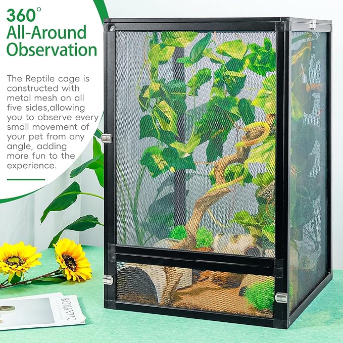 33 Gal Detachable and Foldable Reptile Butterfly Cage Terrarium, 360° Observation, Airflow, Interaction in Gecko Tank for Crested Geckos, Leopard Geckos, Chameleons, Bearded Dragons