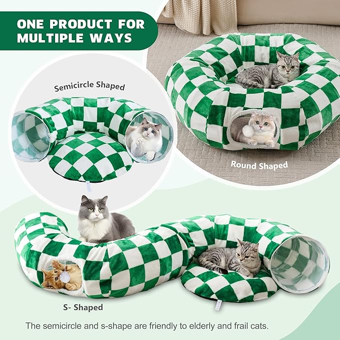 Cat Tunnel for Indoor Cats, Cute Peekaboo Cat Cave with Dangling Balls, Checkered Pet Donut Tunnel Bed with Circle Mat for Puppy Kitten Rabbit, Green/White