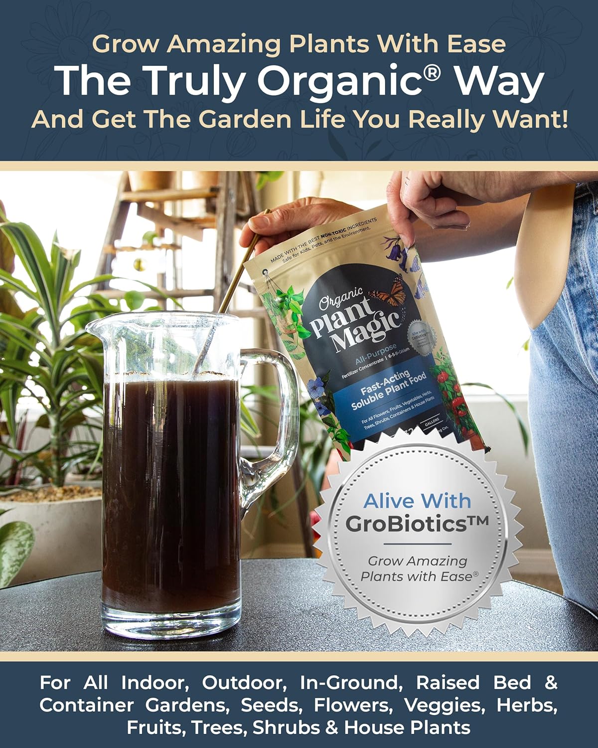 Organic Plant Magic - Truly Organic™ Fast-Acting Soluble Plant Food: All-Purpose Fertilizer Concentrate for All Flower Vegetable Herb Fruit Tree Shrub Container Garden & House Plants [Two 1 lb Bags]