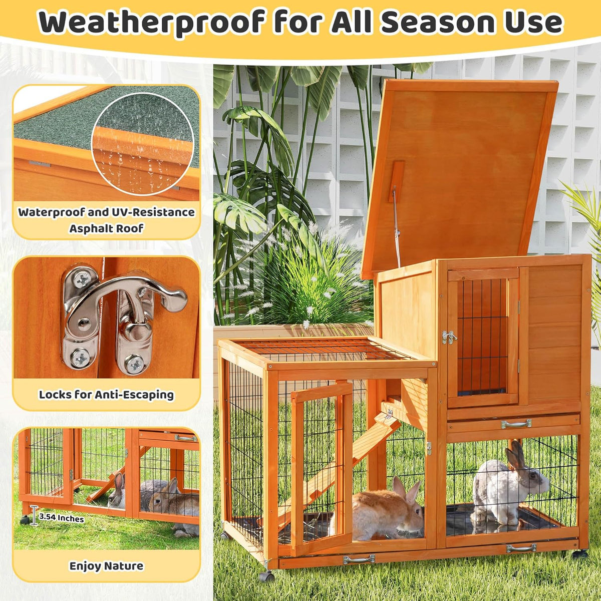 Indoor Rabbit Hutch Outdoor Bunny Hutch with Wheels, 2 Pull-Out Trays, Waterproof Openable Roof, 39" L Large 2-Level Wooden Rabbit Cage Small Animal Enclosure, Orange