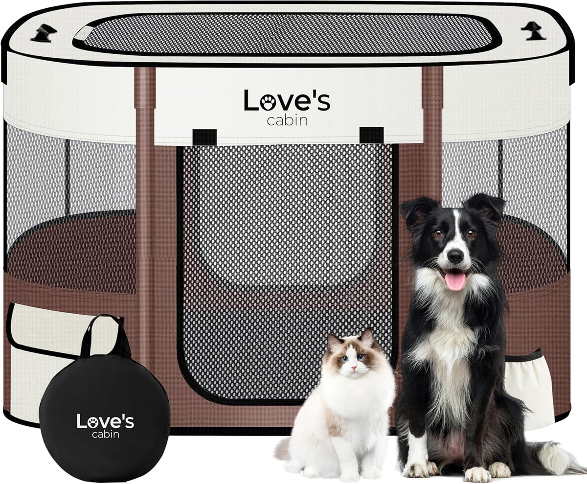 Love's cabin Pet Puppy Dog Playpen, Medium Dog Tent Crates Cage Indoor/Outdoor, Portable Exercise Playpen for Cat, Foldable Pop Up Dog Kennel Playpen with Carring Case (M, Brown)