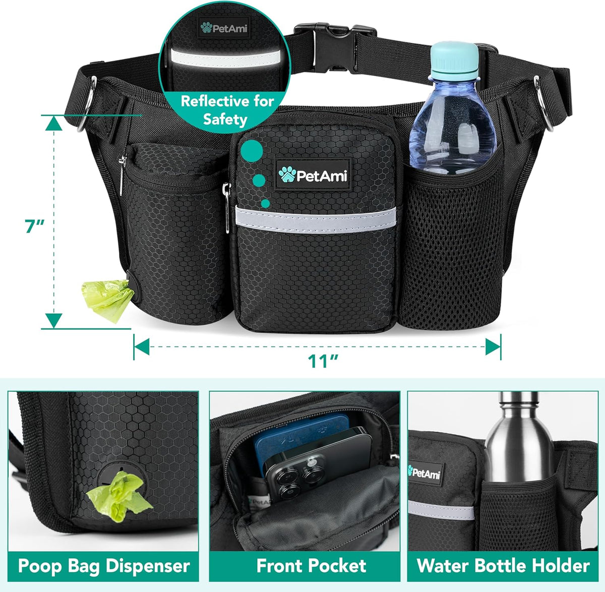 PetAmi Premium Hands Free Dog Leash for 2 Dogs, Adjustable Waist Belt Leash for Dog Walking, Fanny Pack Accessories Bag Dual Bungee Leash for Running, Hiking, Jogging, Biking, Black