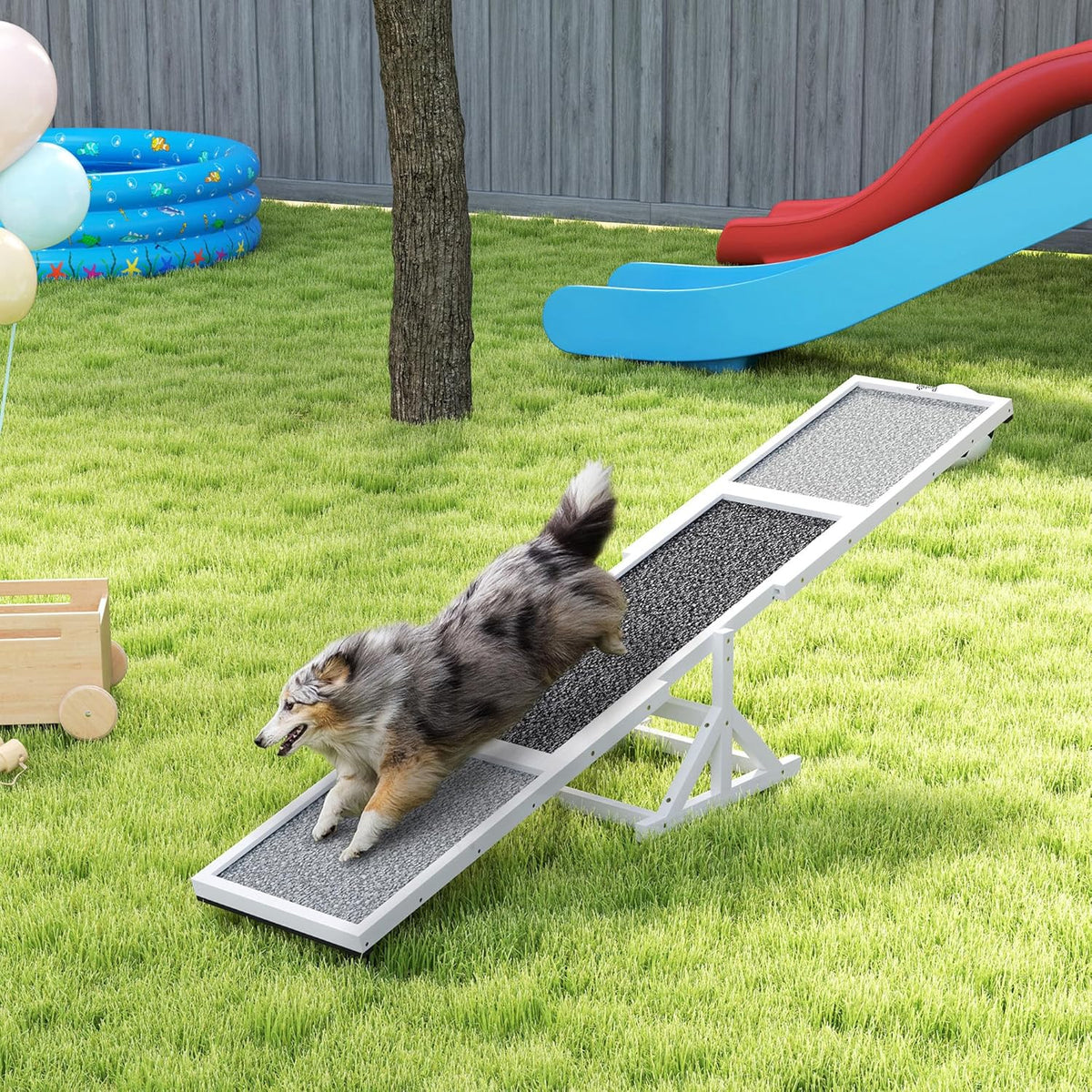 PawHut Wooden Dog Agility Seesaw for Training and Exercise, Platform Equipment Run Game Toy, Weather Resistant Pet Supplies, 83" L x 16" W x 14" H, White