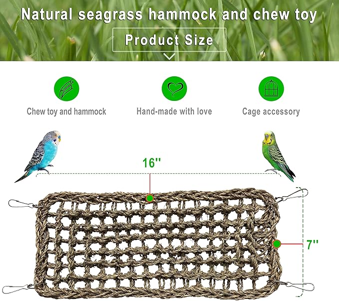 SIMENA Seagrass Mat for Birds, Natural Grass Woven Bird Net Hammock, Climbing Rope Ladder, Chew Toys for Parrots Lovebirds Cockatiels Conures Budgies, Cockatoos (Small)