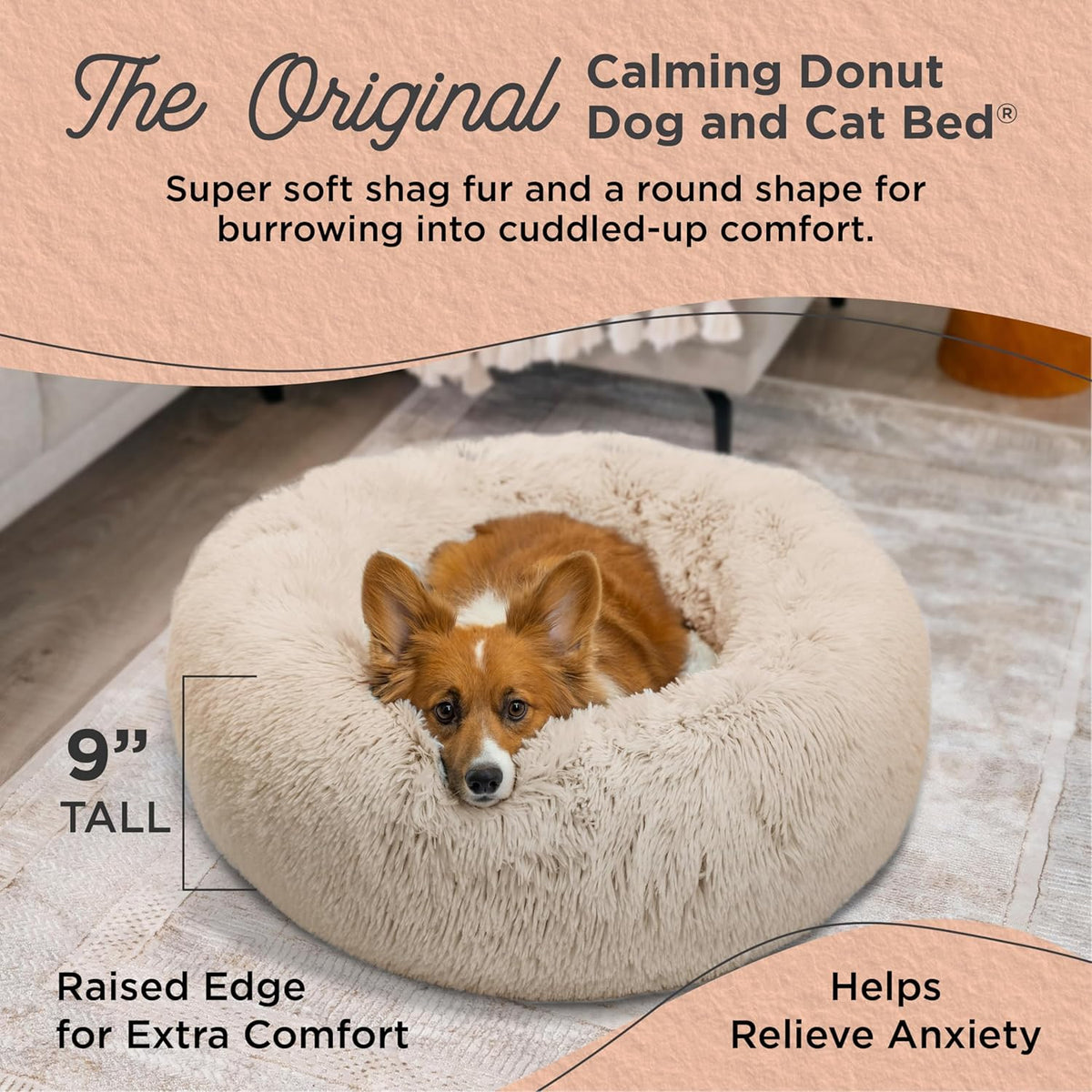 Best Friends by Sheri Original Calming Donut Dog and Cat Bed, Shag Faux Fur, Taupe, (30in x 30in) - Anxiety Relief for Pets Up to 45 lbs