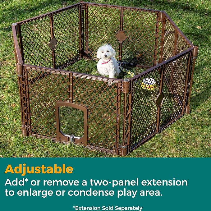 MyPet North States Petyard Passage: 4-Panel Folding Dog Playpen Indoor or Outdoor. 7 sq. ft. Puppy Playpen, Lockable Pet Door. Freestanding Play Pen Dog Gate. Made in USA. 26" Tall, Brown