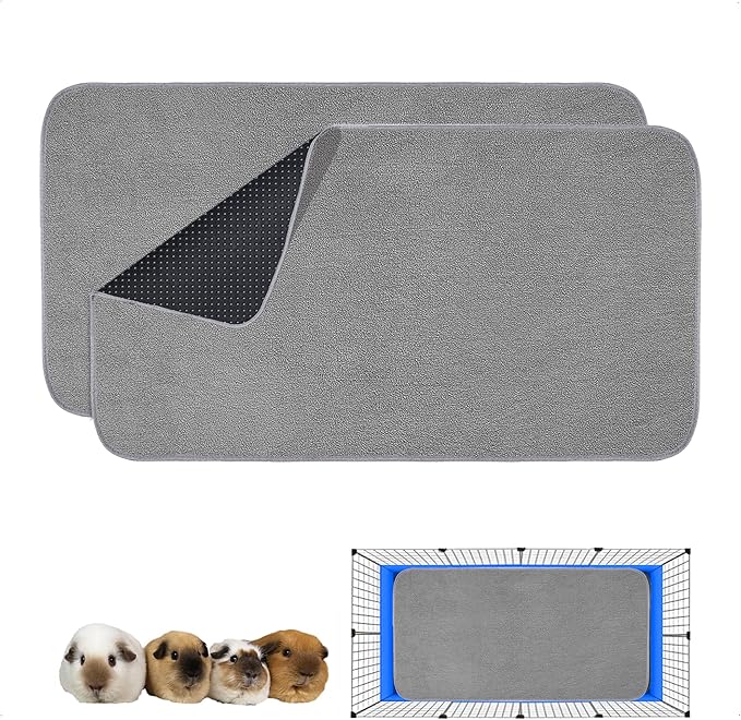 Guinea Pig Cage Liner, 2 Pack - Washable, Reusable, Leakproof Fleece Bedding Pads for Small Animals with Anti-Slip Bottom - for C&C 2X4 Area, Gray