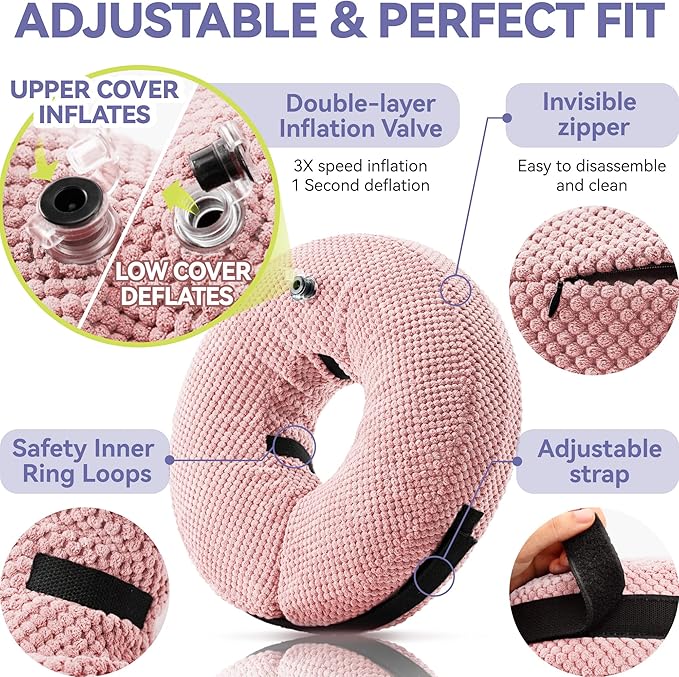 Soft Inflatable Dog Cone Collar for Small Medium Large Dogs - Neck Donut E Collar Alternative for Recovery After Surgery - Pink L