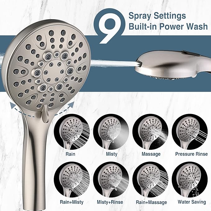 BRIGHT SHOWERS High Pressure Shower Head with Handheld, 9 Spray Settings Showerhead Built in Power Wash to Clean Tub and Pets, Extra Long 69" Hose, Adjustable Bracket, Brushed Nickel