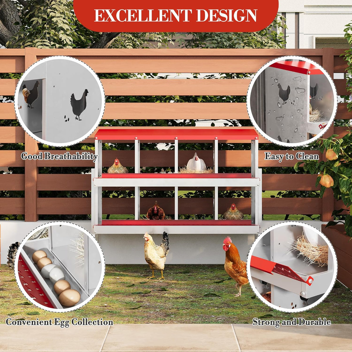8 Hole Chicken Nesting Box with Roll Out Egg Tray, Rustproof & Ventilated Chicken Laying Boxes for Hens, Chickens, Ducks | Easy-Clean Poultry Coop Accessories, Red with Stand