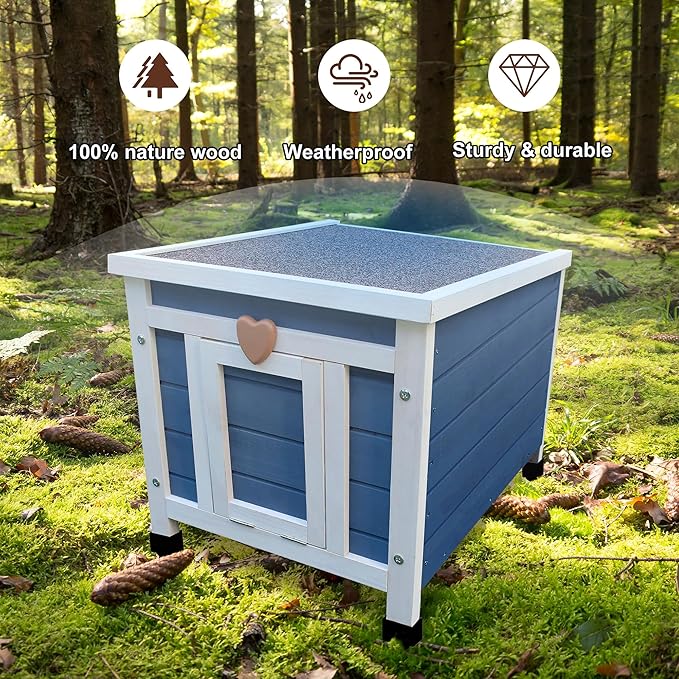 Rockever Outdoor Cat House,Outdoor cat Houses for Feral Cats Weatherproof Rabbit Hutch Small, Wooden Small Pet House and Habitats-Blue