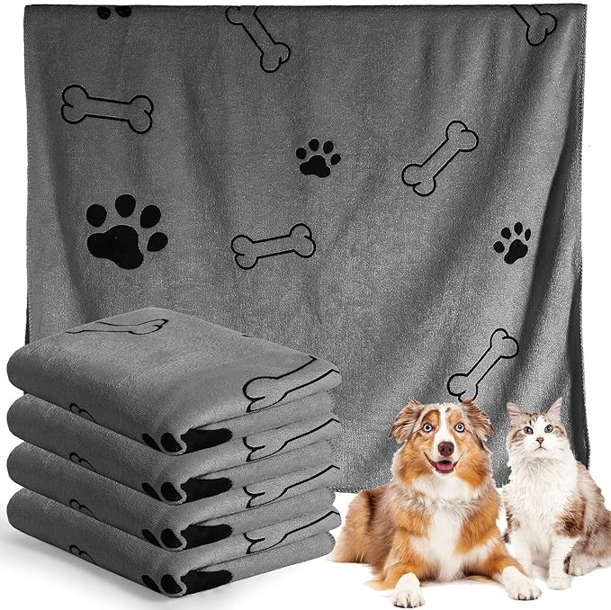 Chumia 4 Pcs Dog Towels for Drying Dog Puppy Bulk Microfiber Absorbent Paw Towel Pet Bathing Supplies Quick Drying for Medium Cats Pets Shower(55 x 28 Inch,Gray)