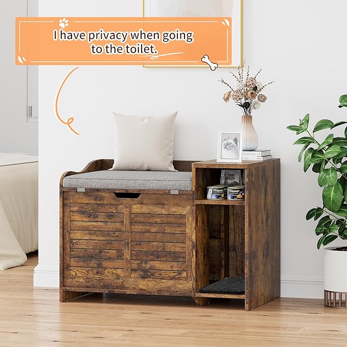 TrailBlaze Litter Box Enclosure with Top Opening&Scratching Mat, Cat Litter Box Furniture with Cushion Litter Box Hidden Wooden Cat Washroom Farmhouse Style Cat House for Hallway, Bedroom, Retro