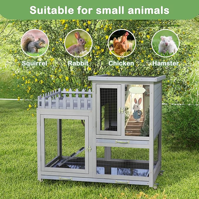 COZIWOW Double Layers Durable 38In Rabbit Hutch Indoor on Wheels, Small Animal Houses Habitat, Rolling Large Bunny Cage Outdoor with Removable Tray, Ramp, Two Story Bunny Cage（Grey with Pattern）