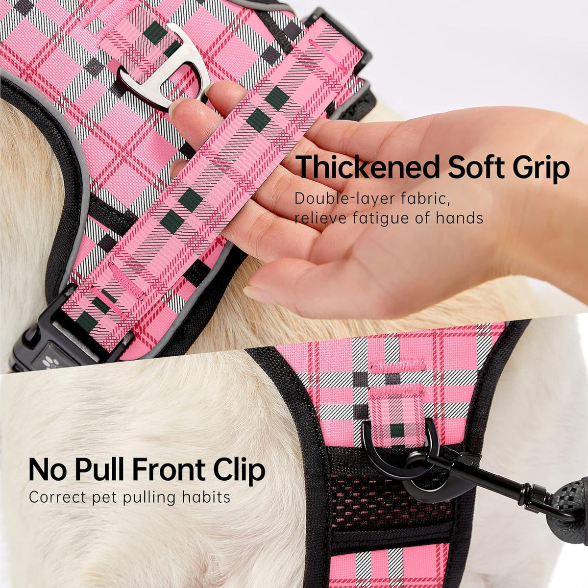 NESTROAD No Pull Dog Harness with Leash, Reflective No Choke Pet Vest Harness,Adjustable Soft Padded Dog Harness with Easy Control Handle for Large Dogs(Checkered Pink,Large)
