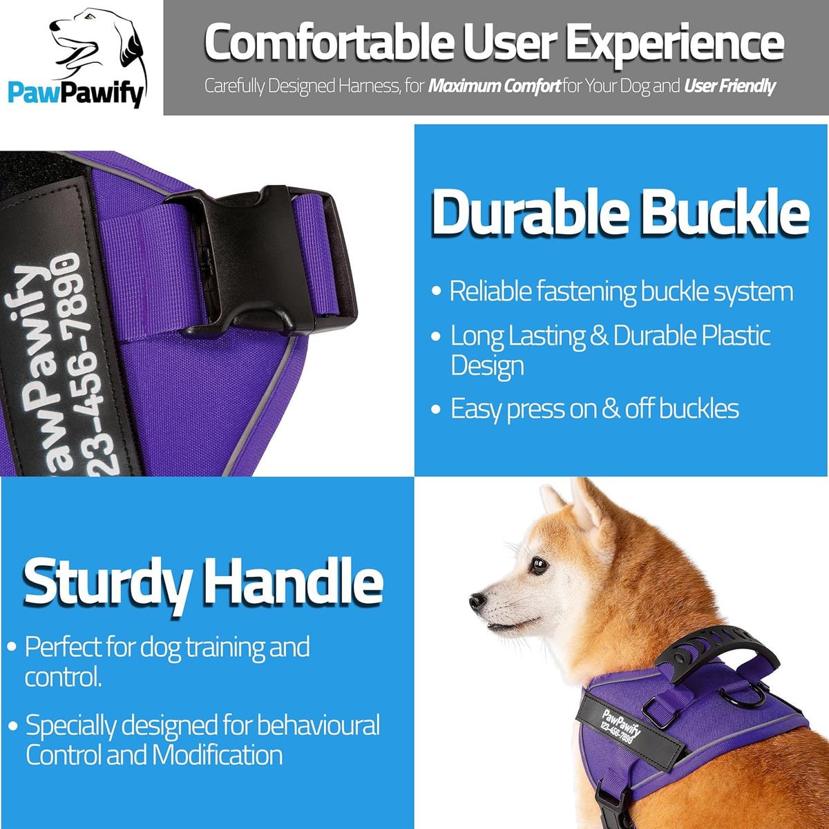 PawPawify Custom No Pull Dog Harness with Name and Phone Number, Heavy Duty Personalized Pet Vest to Prevent Tugging, Pulling, or Choking, Training and Walking (New Purple, XL (60-85 LBS))