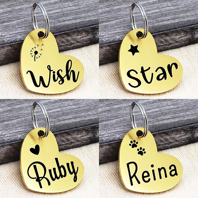 Ultra Joys Dog ID Tag, Custom Dog Tag Personalized Cat Tag, Pet ID Tag, Brushed Stainless Steel Heart Cat Tags Pet Tags Gold Small