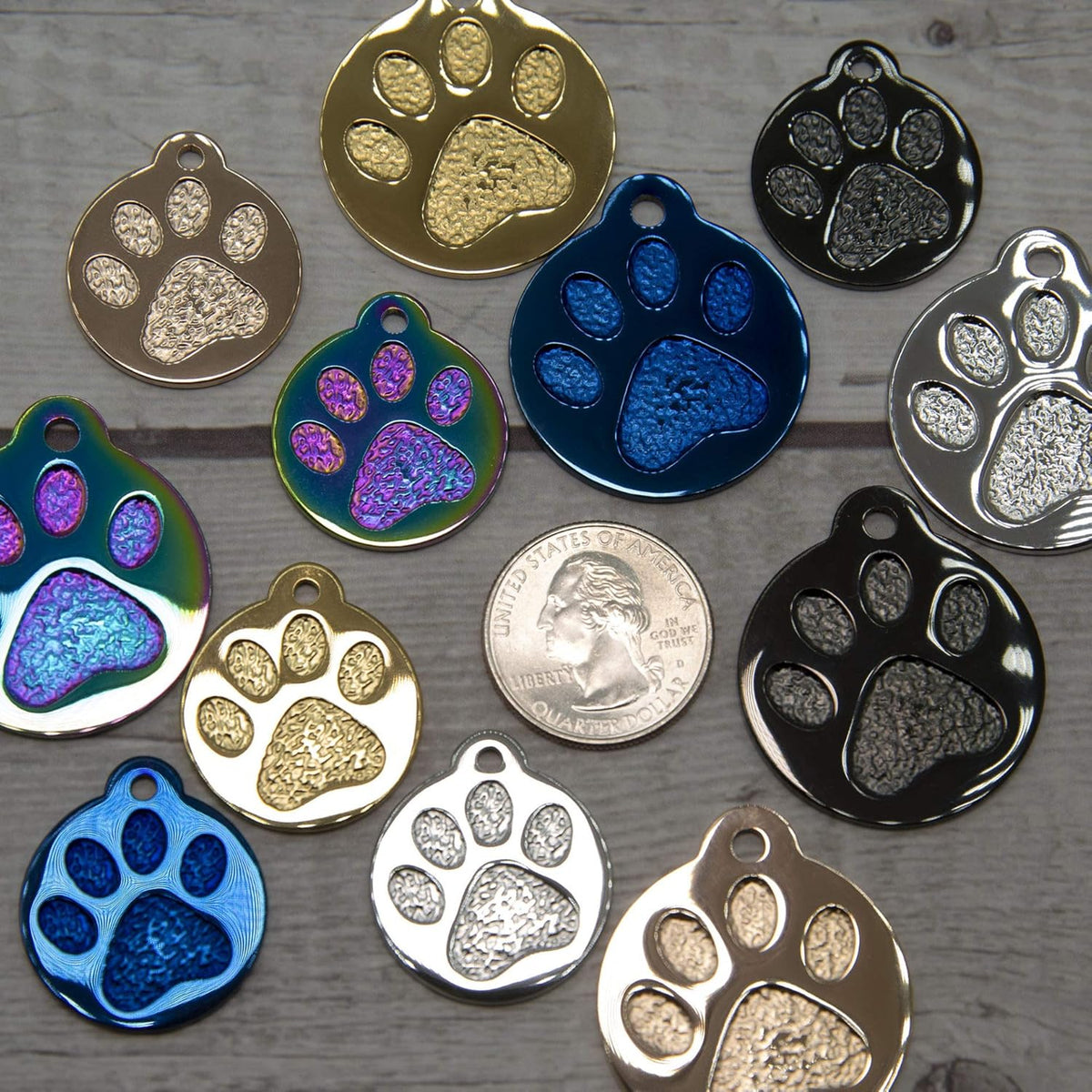 Engraved Pet Tag for Dogs and Cats - Personalized Front & Back up to 4 Lines of Text Custom Engraved ID, Round Paw Print Solid Plating Stainless Steel Nebula Small