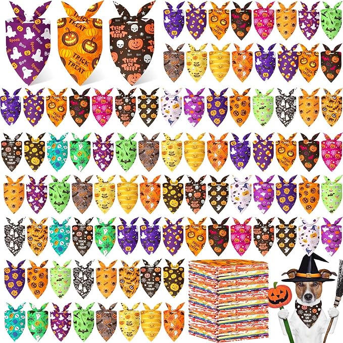 Preboun 200 Pcs Halloween Dog Bandanas Bulk Pumpkin Ghost Bandanas for Dogs Colorful Triangle Kerchief Bibs Scarf Set for Pet Costume Photo Props Accessories Pet Shops Adoption Events, 25 Styles