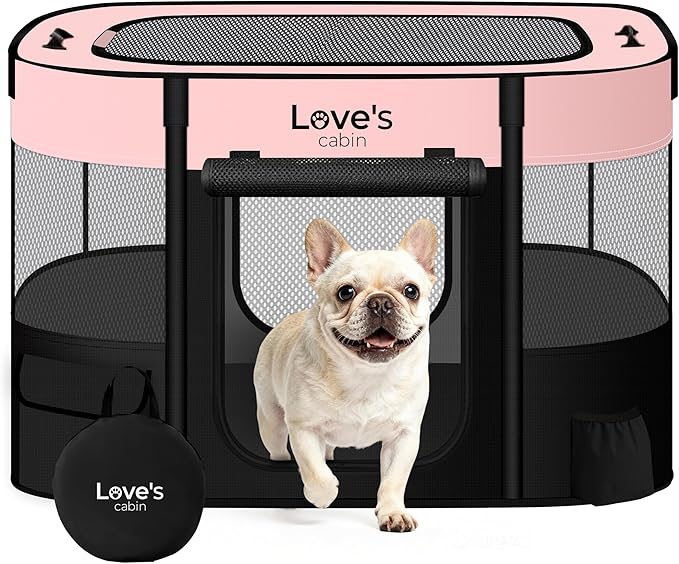 Love's cabin Pet Puppy Dog Playpen, Medium Dog Tent Crates Cage Indoor/Outdoor, Portable Exercise Playpen for Cat, Foldable Pop Up Dog Kennel Playpen with Carring Case (M, Pink)