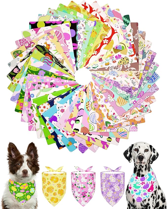 PET SHOW 50 Pack Easter Dog Bandanas Bulk for Extra Large XL Dogs Washable Adjustable Pet Scarf Triangle Bibs for Dogs Green Yellow Purple Decorative Grooming Accessories