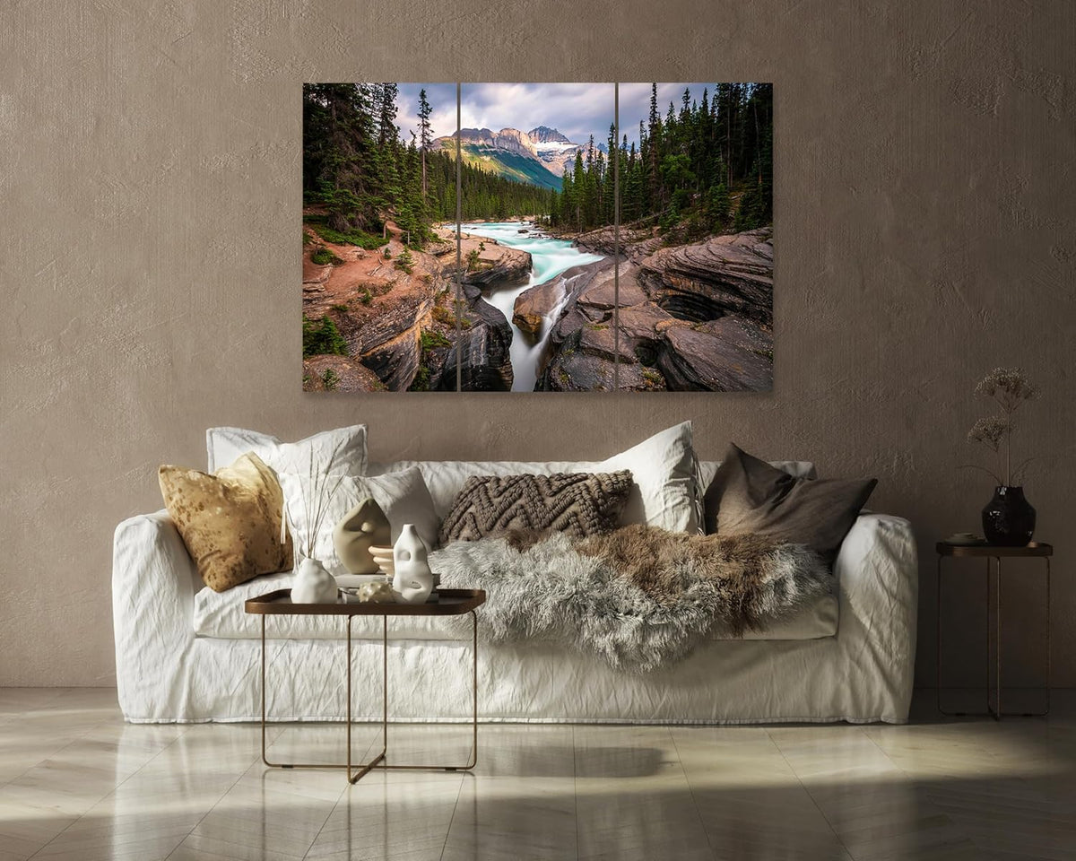 Nature Wall Art Prints - Ocean Forest Mountain Lake Canvas Landscapes - Small to Extra Large Living Room Bedroom Kitchen Bathroom Décor (Mountain River Waterfall, 31L" x 47W" - 3 Panels)