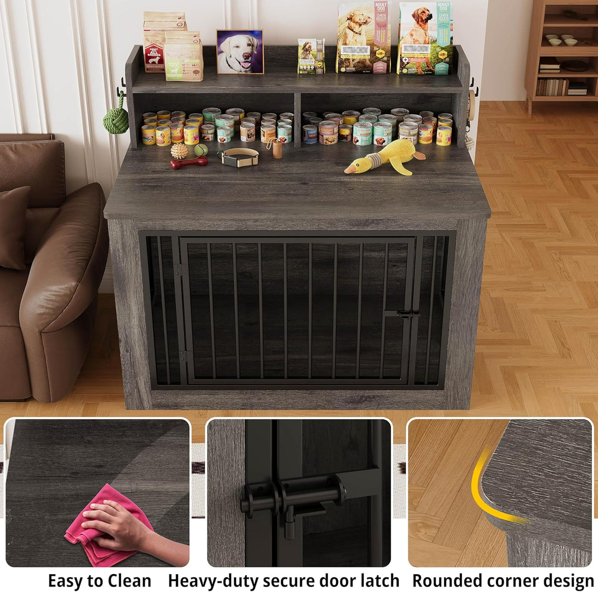 IRONCK Extra Large Dog Crate Furniture, 43.3 inches Wooden Dog Crate with Storage and 4 Hooks, Heavy Duty Pet Crate for Large Dog, Decorative Pet Cage for Indoor (30" L x 43.3" W x 41.1" H)