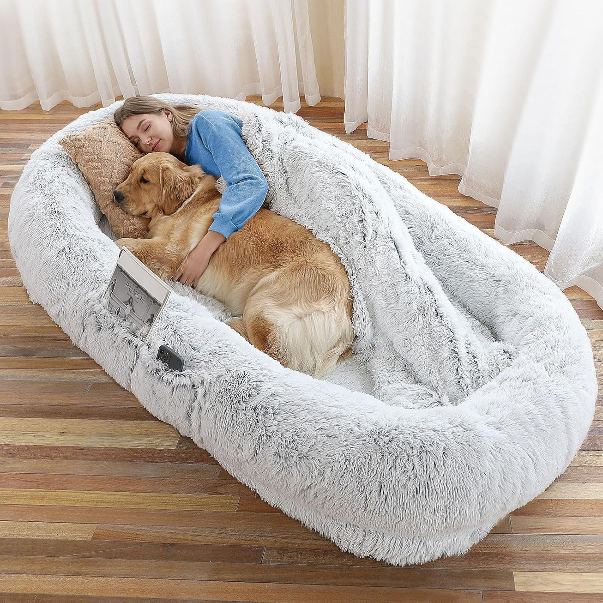 Human Dog Bed - 71"x45"x12" Fits You & Pets, Washable Faux Fur, Orthopedic, Plump Pillow, Blanket, Strap - Grey