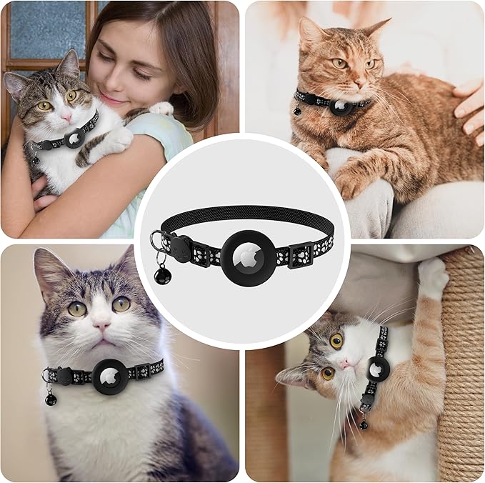 Vanjua 2 Pack Airtag Cat Collar Breakaway with Bell, Reflective Kitten Collar with Air Tag Cat Collar Holder Case for Girl Boy Cats, Pet Supplies Accessories (Black B+Blue B)