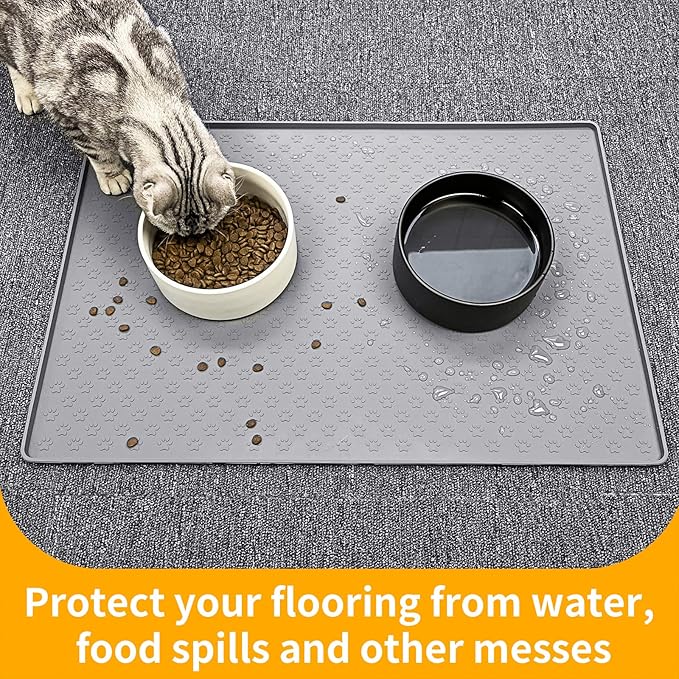 Ptlom Grey Pet Placemat for Dog and Cat, Waterproof Anti-Slip Pet Feeding Bowl Mats for Food and Water, Small Medium Large Tray Mat Prevent Residues from Spilling to Floor, Silicone, 31.5" 23.6"