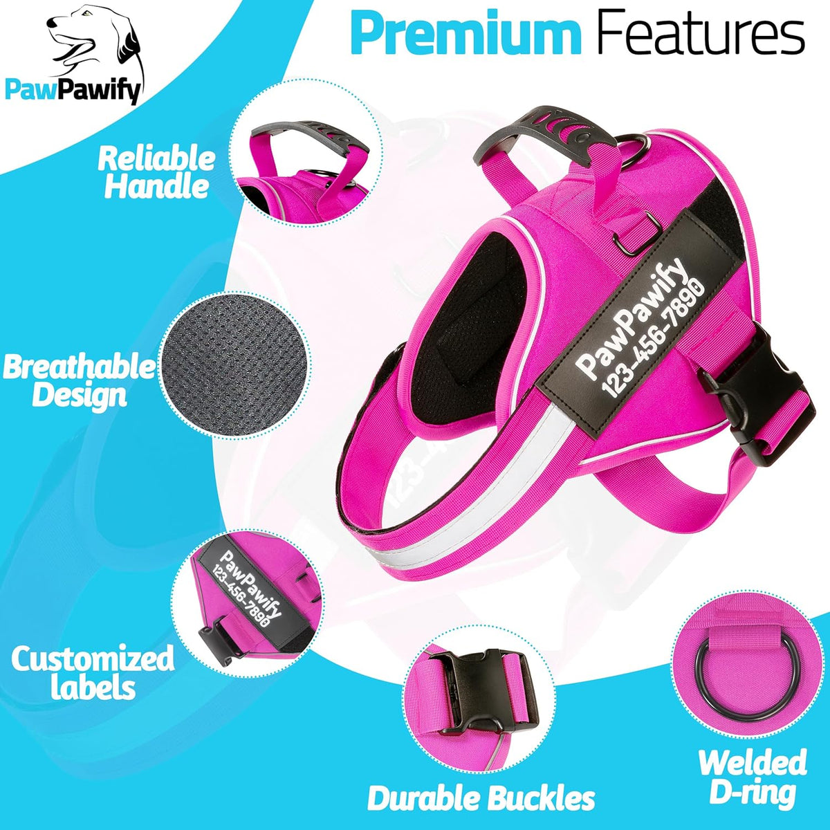 PawPawify Custom No Pull Dog Harness with Name and Phone Number, Heavy Duty Personalized Pet Vest to Prevent Tugging, Pulling, or Choking, Training and Walking (New Pink, M (20-40 LBS))