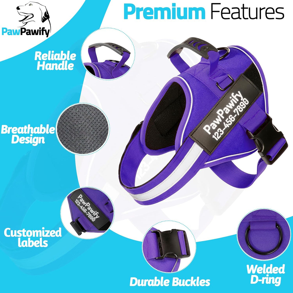PawPawify Custom No Pull Dog Harness with Name and Phone Number, Heavy Duty Personalized Pet Vest to Prevent Tugging, Pulling, or Choking, Training and Walking (New Purple, L (40-60 LBS))