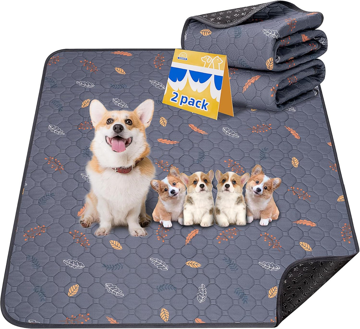 Sunheir Washable Pee Pads for Dogs 2-Pack Reusable Puppy Pads Pet Training Pads, Waterproof Dog Pee Pads for Crate, Whelping Pad, Non-Slip Protects Against Urine Leakage (Leaves - Deep Grey, 24x36)