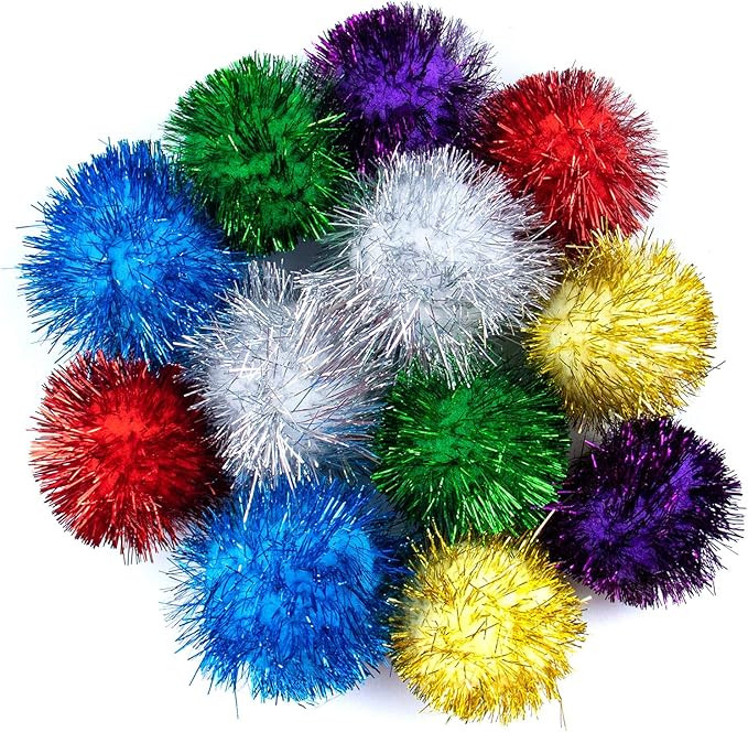 AUEAR, 12 Pack 2 Inch Sparkle Ball Shiny Glitter Tinsel Pom Poms Interactive Cat Balls for Kittens (6 Colors)