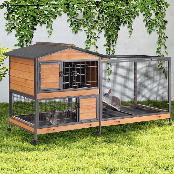 GUTINNEEN 2-Story Rabbit Hutch with Chew-Proof Full Metal Frame for Indoor/Outdoor - 62" Bunny Cage with 6 Locking Casters & 2 Pull-Out Trays for Rabbits, Guinea Pigs, Small Pets (Brown)