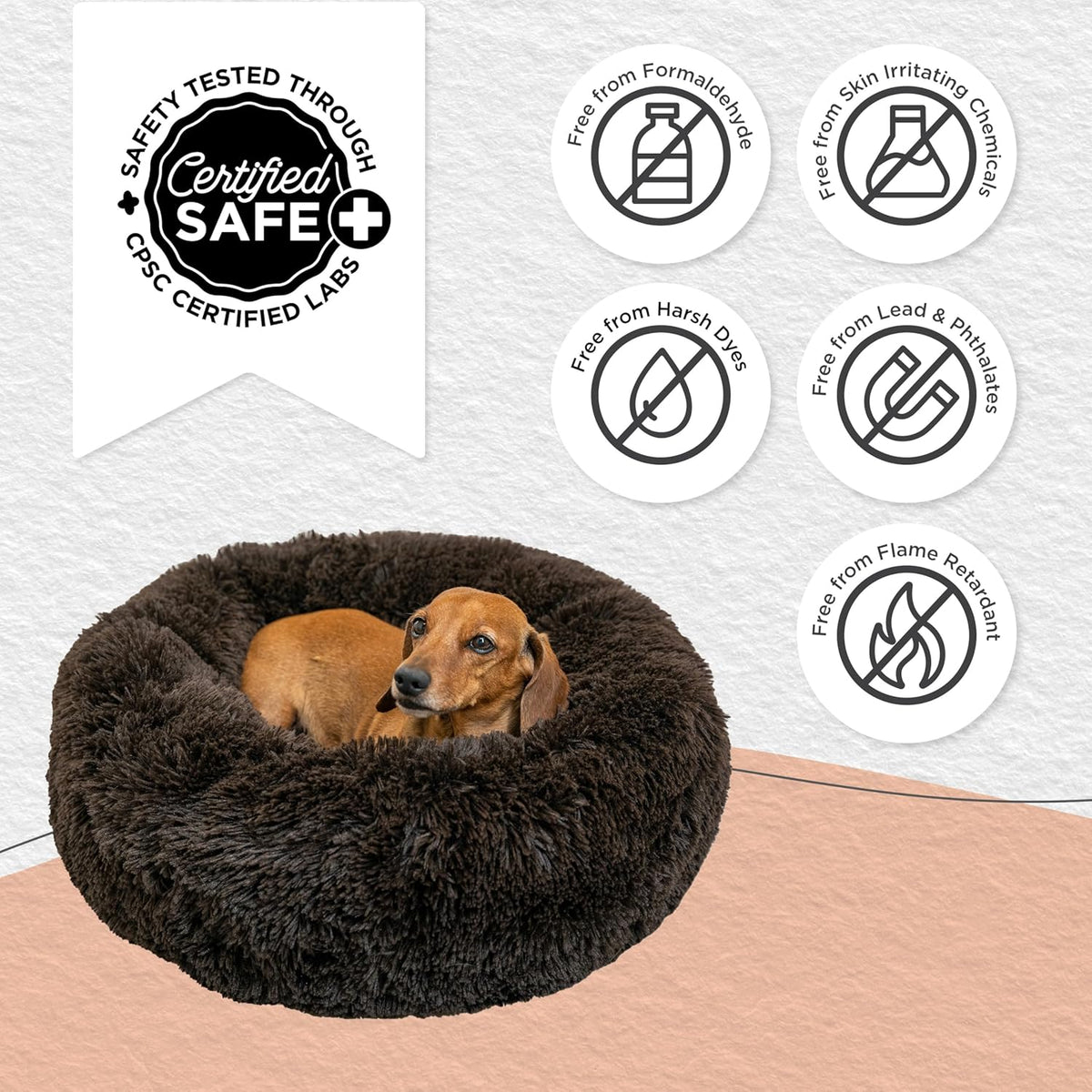 Best Friends by Sheri Original Calming Donut Dog and Cat Bed, Shag Faux Fur, Dark Brown, (23in x 23in) - Anxiety Relief for Pets Up to 25 lbs